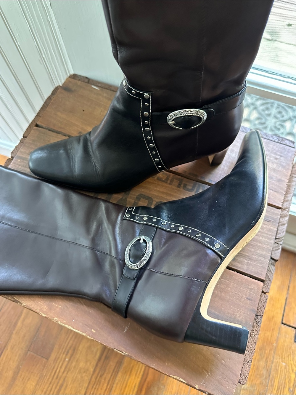 Brighton Taos Black & Brown Leather Tall Harness Boots Studded Buckle